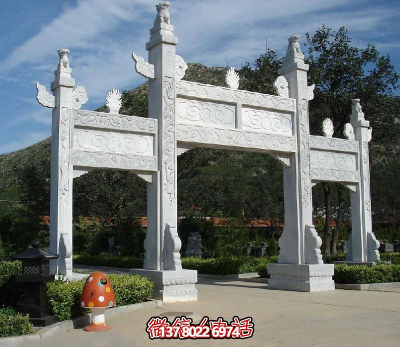 精致園林景觀，漢白玉華表浮雕祥云門樓石牌坊