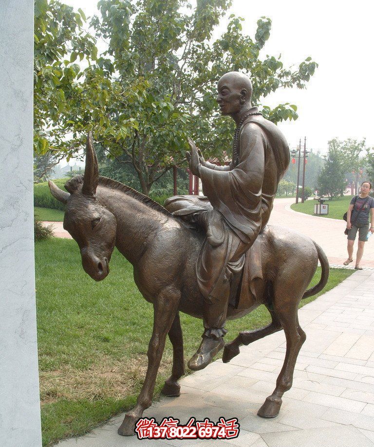 銅雕塑和尚著毛驢騎，精美雕塑，祥和園林