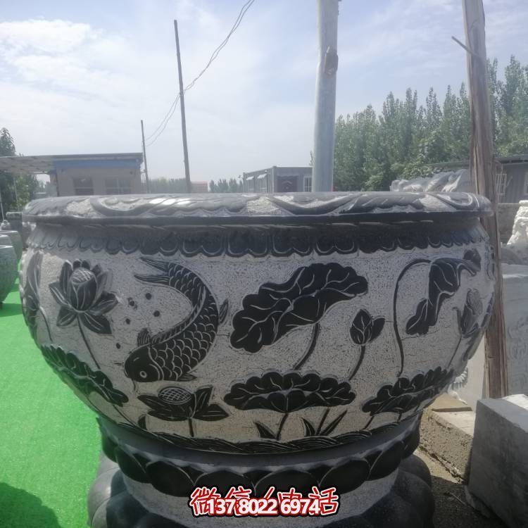 蓮花青石大型戶(hù)外浮雕石雕花盆雕塑