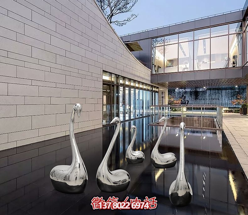 不銹鋼創意天鵝雕塑，鏡面水中裝飾別墅