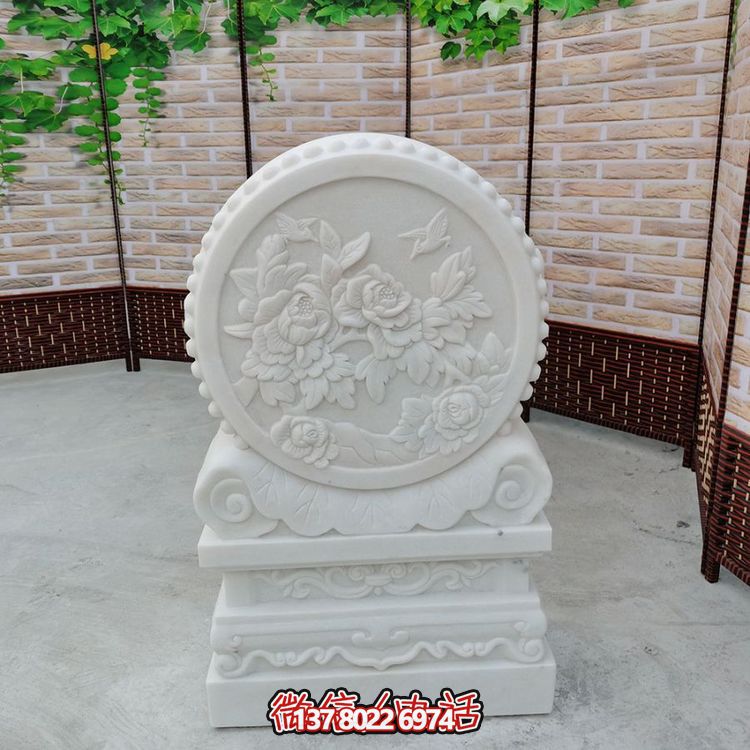 中式風格天然漢白玉石雕抱鼓浮雕門墩，花開富貴