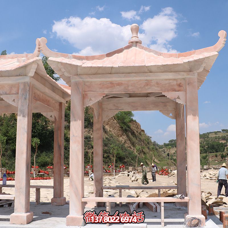 山區(qū)景觀擺放晚霞紅大理石四角休息涼亭